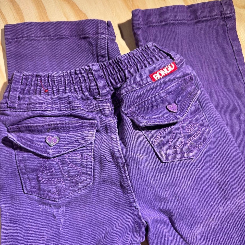 Bongo Girls Purple Y2K Rhinestone Embellished Flare Jeans Size 6X Heart Pocket